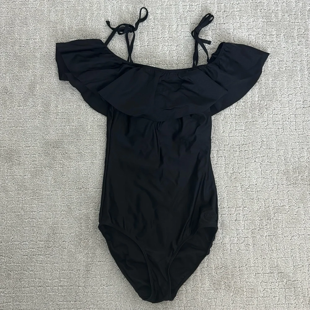 Albion “the wave” one piece black swimsuit ruffle sleeve off the shoulder
